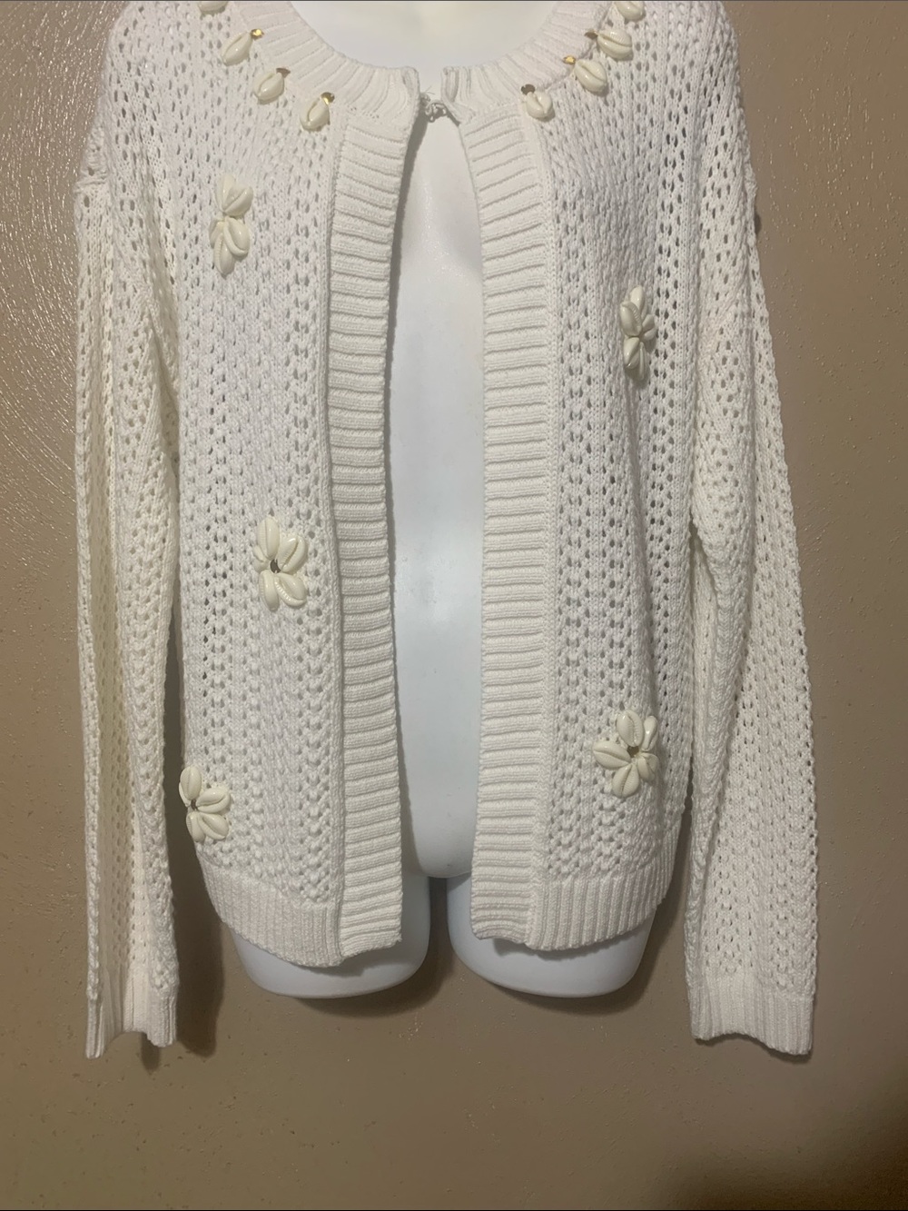 Amusant size L Cream Floral-Appliqué Open Cardigan Sweater NWT